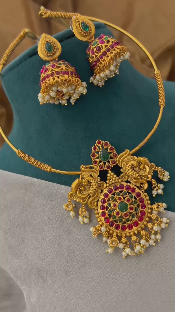 Peacock Motif Temple Necklace Set with Ruby-Green Stones & Pearl Drops